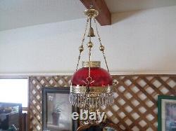 Antique Victorian Hanging Parlor Oil Lamp Ruby Shade and Crystal Prisms