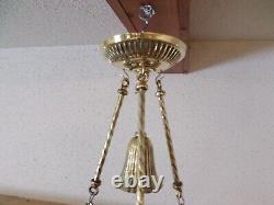 Antique Victorian Hanging Parlor Oil Lamp Ruby Shade and Crystal Prisms