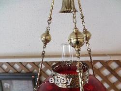 Antique Victorian Hanging Parlor Oil Lamp Ruby Shade and Crystal Prisms