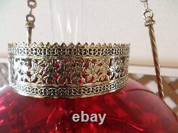 Antique Victorian Hanging Parlor Oil Lamp Ruby Shade and Crystal Prisms