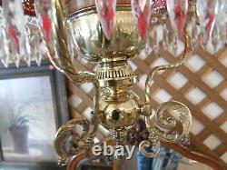 Antique Victorian Hanging Parlor Oil Lamp Ruby Shade and Crystal Prisms