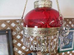 Antique Victorian Hanging Parlor Oil Lamp Ruby Shade and Crystal Prisms