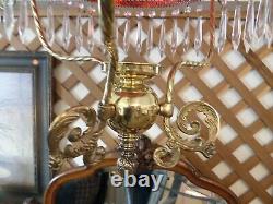 Antique Victorian Hanging Parlor Oil Lamp Ruby Shade and Crystal Prisms