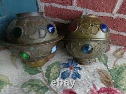 Antique Victorian Jeweled Brass Oil Lamp Shade Pair