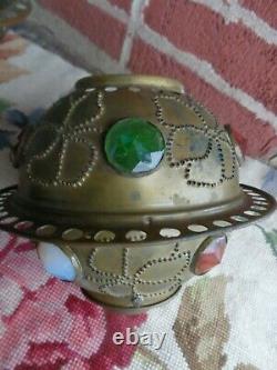 Antique Victorian Jeweled Brass Oil Lamp Shade Pair