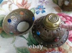Antique Victorian Jeweled Brass Oil Lamp Shade Pair