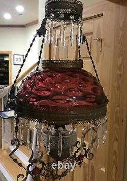 Antique Victorian Jeweled Hanging Oil Parlor Lamp Cranberry Ruby Red Bullseye