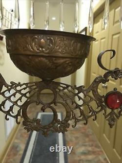 Antique Victorian Jeweled Hanging Oil Parlor Lamp Cranberry Ruby Red Bullseye