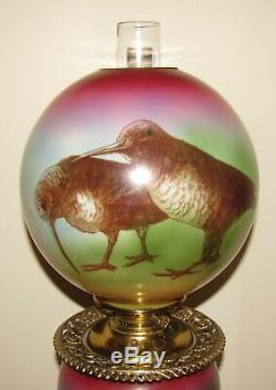 Antique Victorian Kiwi Birds GWTW Electrified Success Oil / Kerosene Parlor Lamp