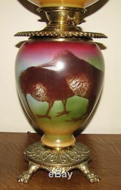 Antique Victorian Kiwi Birds GWTW Electrified Success Oil / Kerosene Parlor Lamp