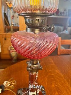 Antique Victorian Lamp Cranberry Font Ruffled Shade Converted Oil Lamp