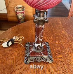 Antique Victorian Lamp Cranberry Font Ruffled Shade Converted Oil Lamp