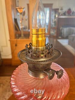 Antique Victorian Lamp Cranberry Font Ruffled Shade Converted Oil Lamp