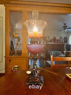 Antique Victorian Lamp Cranberry Font Ruffled Shade Converted Oil Lamp