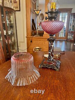 Antique Victorian Lamp Cranberry Font Ruffled Shade Converted Oil Lamp