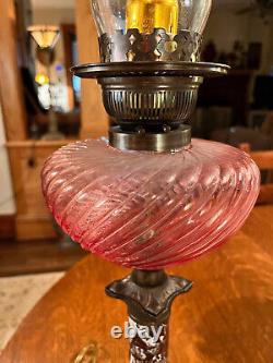 Antique Victorian Lamp Cranberry Font Ruffled Shade Converted Oil Lamp