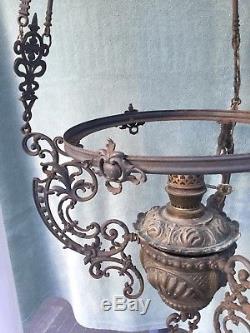 Antique Victorian Large Ornate Library Oil Lamp Chandelier