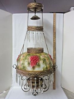 Antique Victorian Library Hanging Oil Lamp Embossed Grape Shade Drop In Oil Font