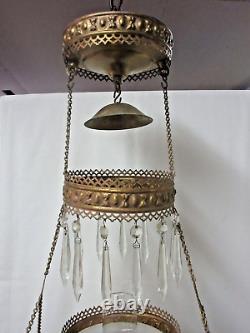 Antique Victorian Library Hanging Oil Lamp Embossed Grape Shade Drop In Oil Font