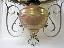 Antique Victorian Library Hanging Oil Lamp Embossed Grape Shade Drop In Oil Font