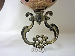 Antique Victorian Library Hanging Oil Lamp Embossed Grape Shade Drop In Oil Font