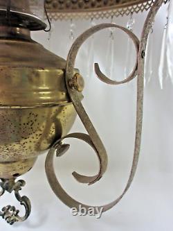 Antique Victorian Library Hanging Oil Lamp Embossed Grape Shade Drop In Oil Font