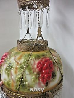 Antique Victorian Library Hanging Oil Lamp Embossed Grape Shade Drop In Oil Font