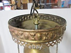 Antique Victorian Library Hanging Oil Lamp Embossed Grape Shade Drop In Oil Font