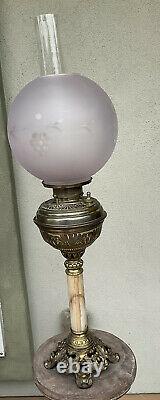 Antique Victorian Marble & brass parlor banquet lamp With Etch Purple Shade Grapes