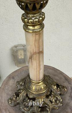 Antique Victorian Marble & brass parlor banquet lamp With Etch Purple Shade Grapes