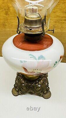 Antique Victorian Milk Glass Hand Painted Roses Oil Lamp With Metal Base 17.5