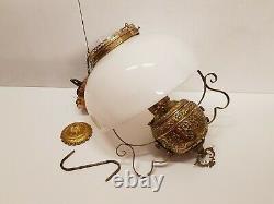 Antique Victorian Miller Hanging Oil Lamp Kerosene Brass Milk Glass Shade Parlor