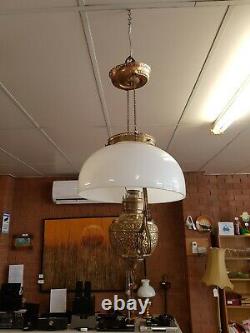 Antique Victorian Miller Hanging Oil Lamp Kerosene Brass Milk Glass Shade Parlor