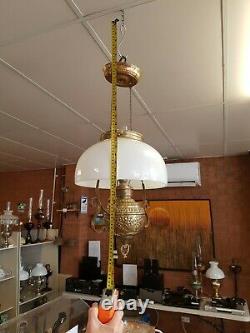 Antique Victorian Miller Hanging Oil Lamp Kerosene Brass Milk Glass Shade Parlor