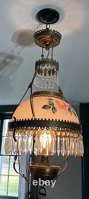 Antique Victorian Oil Hanging Lamp, electric with 13.75 Milk Glass Shade -prisms