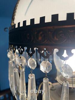 Antique Victorian Oil Hanging Lamp, electric with 13.75 Milk Glass Shade -prisms