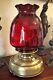 Antique Victorian Oil Kerosene Heater Lamp with Large Cranberry Glass Shade