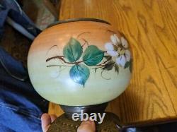 Antique Victorian Oil Kerosene Lamp Base Cast Iron Painted Glass Vtg Floral 9