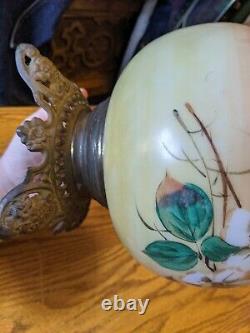 Antique Victorian Oil Kerosene Lamp Base Cast Iron Painted Glass Vtg Floral 9