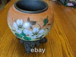 Antique Victorian Oil Kerosene Lamp Base Cast Iron Painted Glass Vtg Floral 9