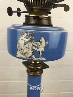 Antique Victorian Oil Lamp Blue Porcelain Amphora Style Column and Font