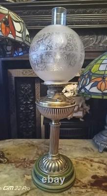 Antique Victorian Oil Lamp Brass Base & Embossed Glass & Green Ceramic Lamp