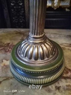 Antique Victorian Oil Lamp Brass Base & Embossed Glass & Green Ceramic Lamp