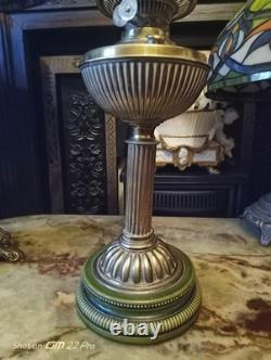 Antique Victorian Oil Lamp Brass Base & Embossed Glass & Green Ceramic Lamp