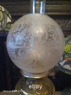 Antique Victorian Oil Lamp Brass Base & Embossed Glass & Green Ceramic Lamp