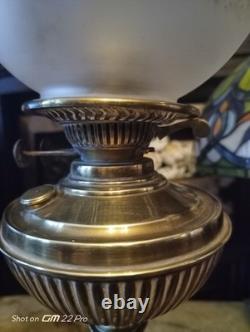 Antique Victorian Oil Lamp Brass Base & Embossed Glass & Green Ceramic Lamp