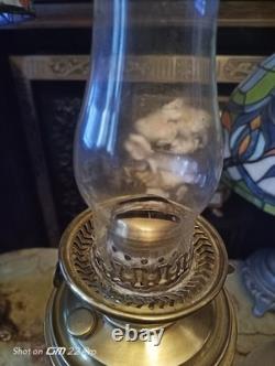 Antique Victorian Oil Lamp Brass Base & Embossed Glass & Green Ceramic Lamp