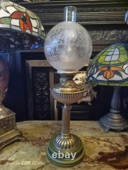 Antique Victorian Oil Lamp Brass Base & Embossed Glass & Green Ceramic Lamp