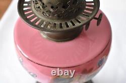 Antique Victorian Oil Lamp with Chimney and Shade Hand Painted Glass Reservoir E