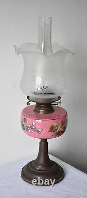 Antique Victorian Oil Lamp with Chimney and Shade Hand Painted Glass Reservoir E